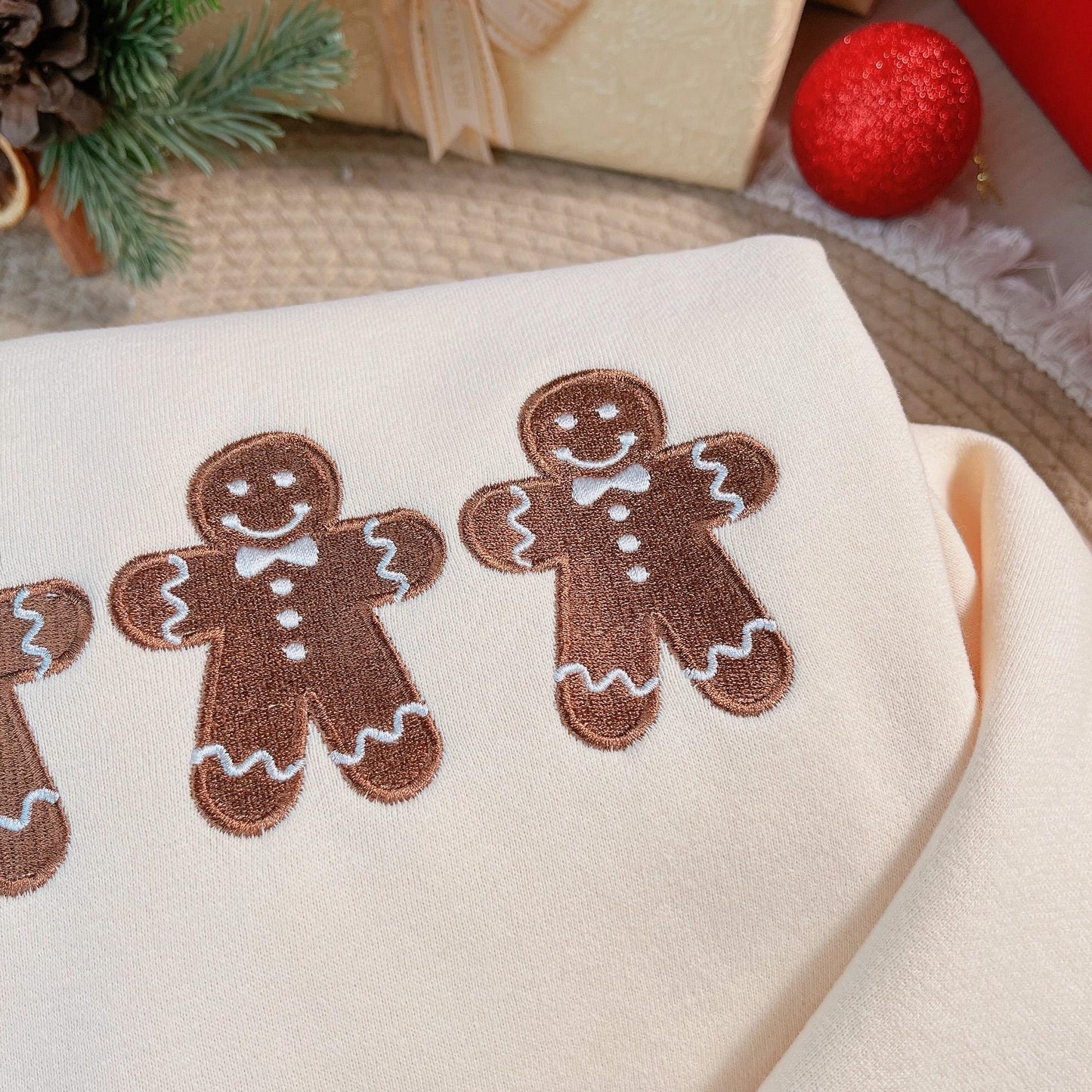 Embroidered Gingerbread Men Christmas Sweatshirt, Holiday Crewneck