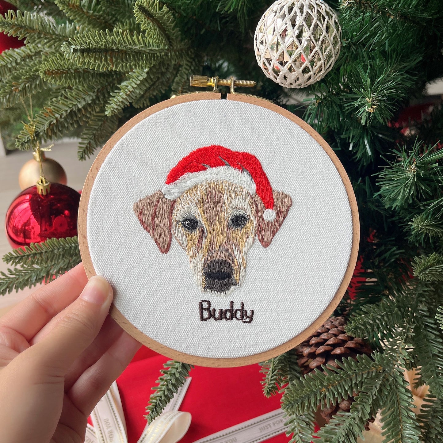 Custom Embroidered Pet Face Portrait Ornament, Personalized Embroidered Christmas Ornament
