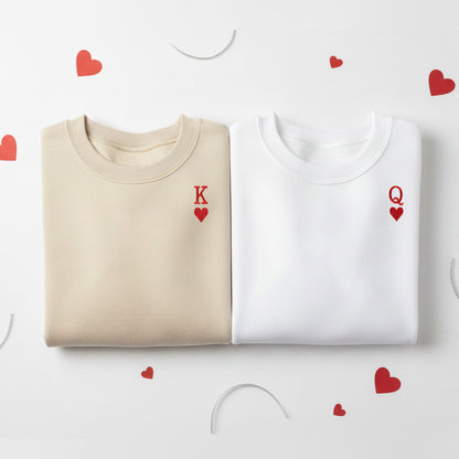 King & Queen Embroidered Sweatshirt, Couple Valentine Shirt, K ♥ Q Matching Pullover Gift for Him & Her