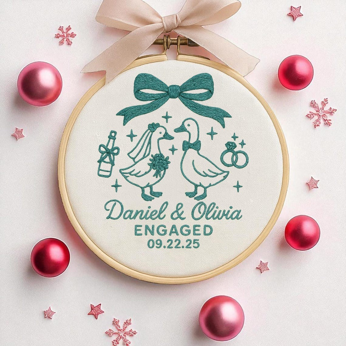 Personalized Engagement Gift for Couple, Custom Silly Goose Engaged Embroidered Ornament, Engagement Keepsake Ornament Handmade