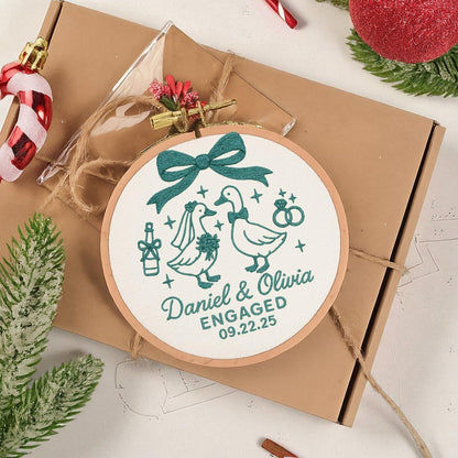 Personalized Engagement Gift for Couple, Custom Silly Goose Engaged Embroidered Ornament, Engagement Keepsake Ornament Handmade