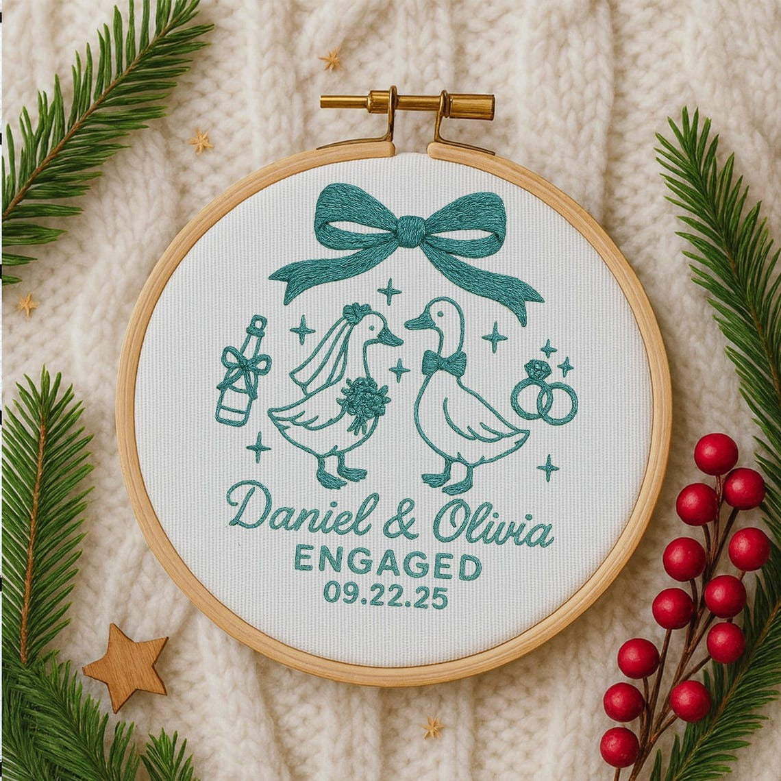 Personalized Engagement Gift for Couple, Custom Silly Goose Engaged Embroidered Ornament, Engagement Keepsake Ornament Handmade