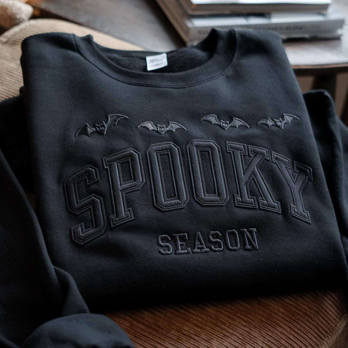 EMBROIDERED SPOOKY SEASON Sweatshirt Embroidered Sweatshirt Halloween Shirt Spooky Season Crewneck Halloween Crewneck Halloween Bat Style