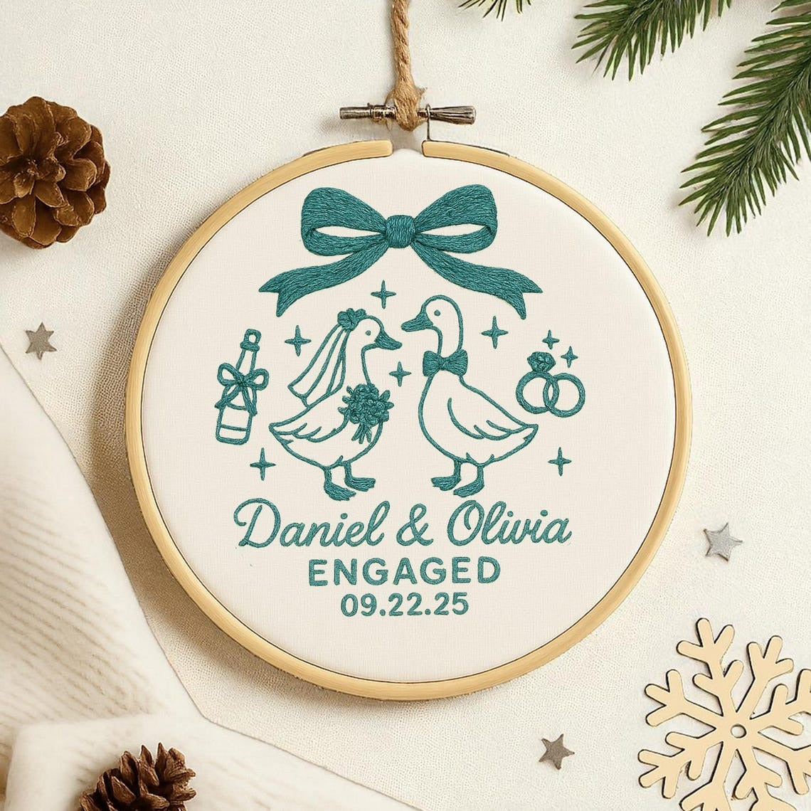 Personalized Engagement Gift for Couple, Custom Silly Goose Engaged Embroidered Ornament, Engagement Keepsake Ornament Handmade