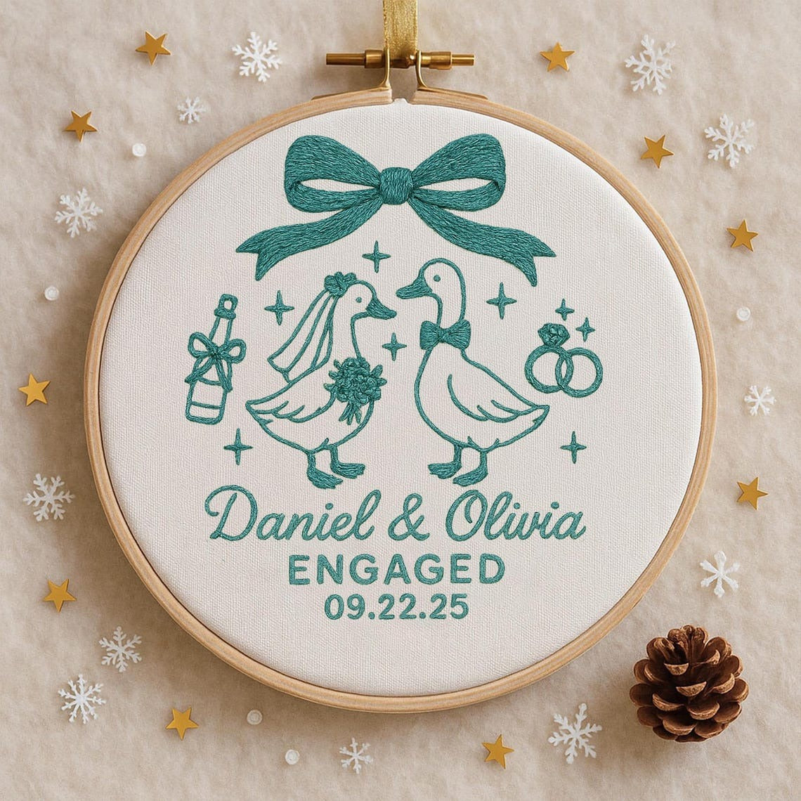 Personalized Engagement Gift for Couple, Custom Silly Goose Engaged Embroidered Ornament, Engagement Keepsake Ornament Handmade