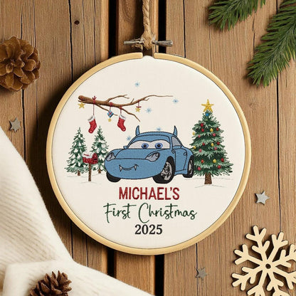 Babys First Christmas Ornament, New Baby Gift, Custom Mcqueen Sally Ornament Keepsake, Personalized Embroidered Ornament Baby First