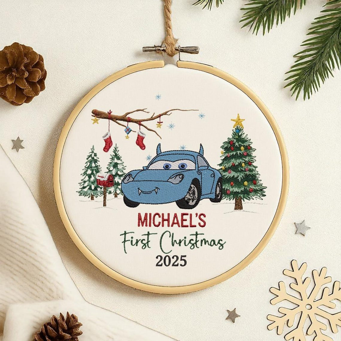 Babys First Christmas Ornament, New Baby Gift, Custom Mcqueen Sally Ornament Keepsake, Personalized Embroidered Ornament Baby First
