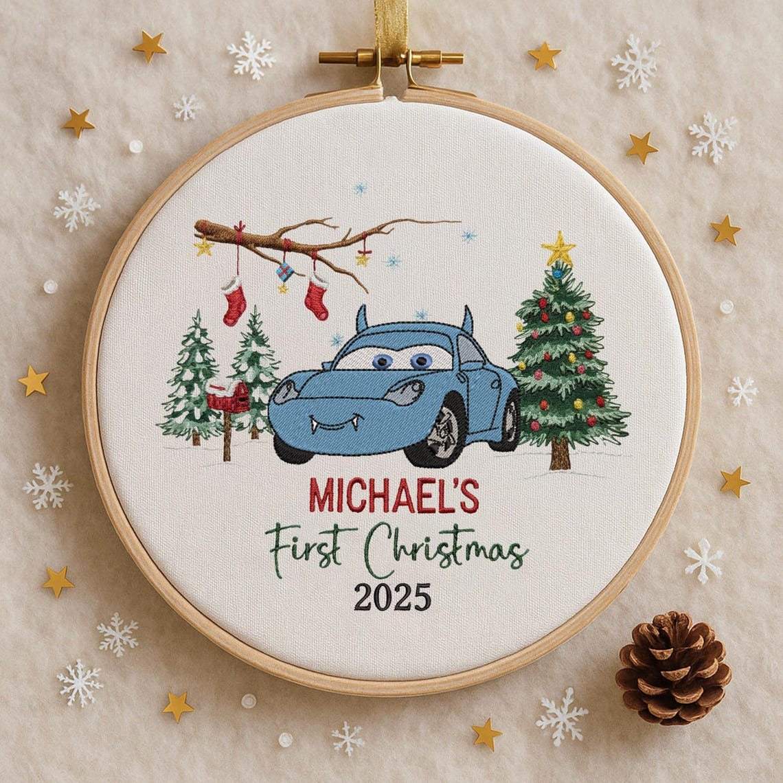 Babys First Christmas Ornament, New Baby Gift, Custom Mcqueen Sally Ornament Keepsake, Personalized Embroidered Ornament Baby First