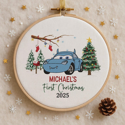 Babys First Christmas Ornament, New Baby Gift, Custom Mcqueen Sally Ornament Keepsake, Personalized Embroidered Ornament Baby First