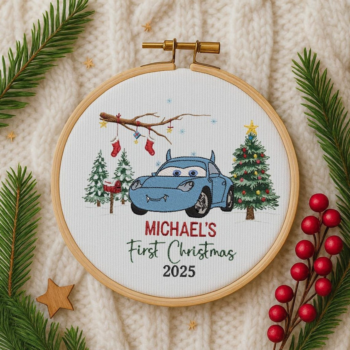 Babys First Christmas Ornament, New Baby Gift, Custom Mcqueen Sally Ornament Keepsake, Personalized Embroidered Ornament Baby First
