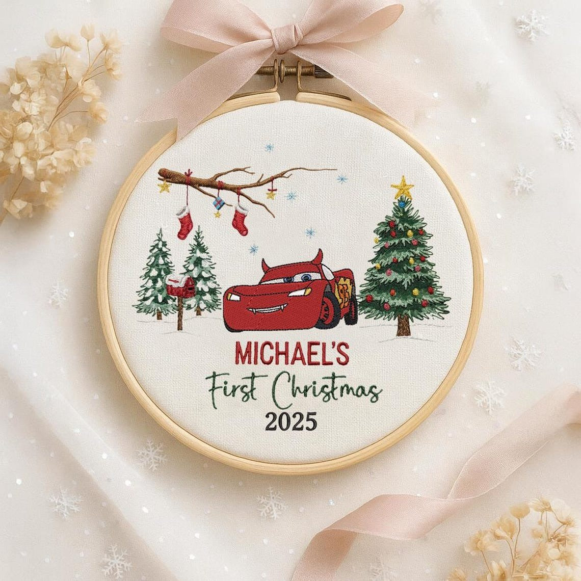 Custom Embroidered Mcqueen Ornament, Personalized Baby First Xmas Keepsake