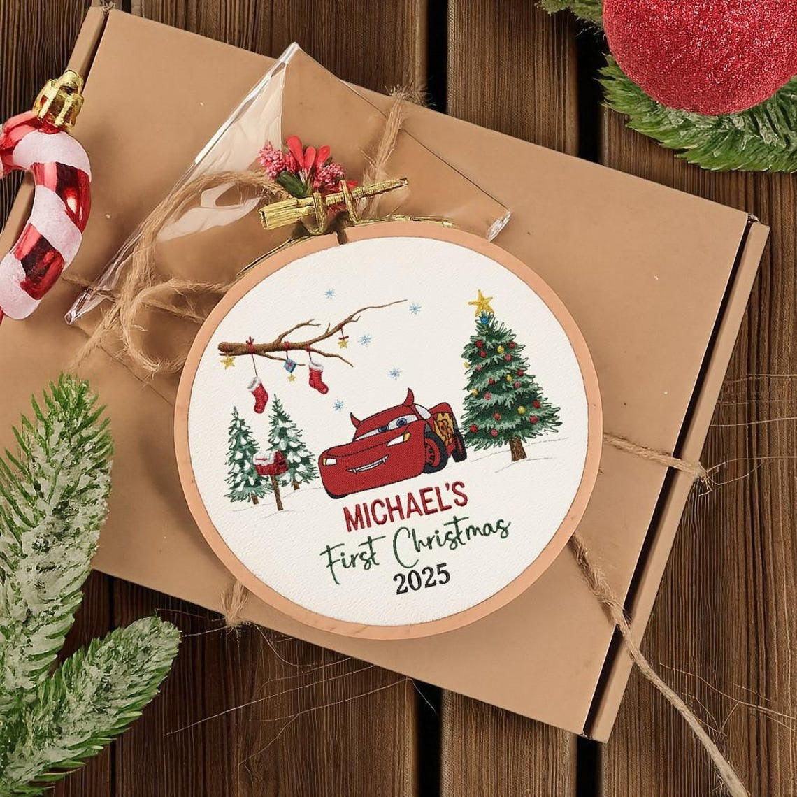 Custom Embroidered Mcqueen Ornament, Personalized Baby First Xmas Keepsake