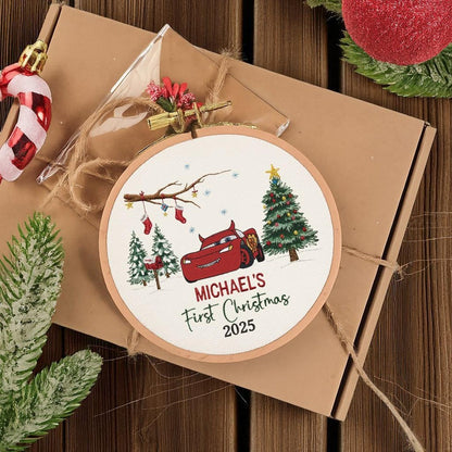 Custom Embroidered Mcqueen Ornament, Personalized Baby First Xmas Keepsake