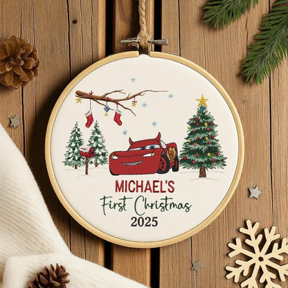 Custom Embroidered Mcqueen Ornament, Personalized Baby First Xmas Keepsake