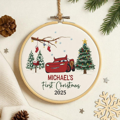 Custom Embroidered Mcqueen Ornament, Personalized Baby First Xmas Keepsake