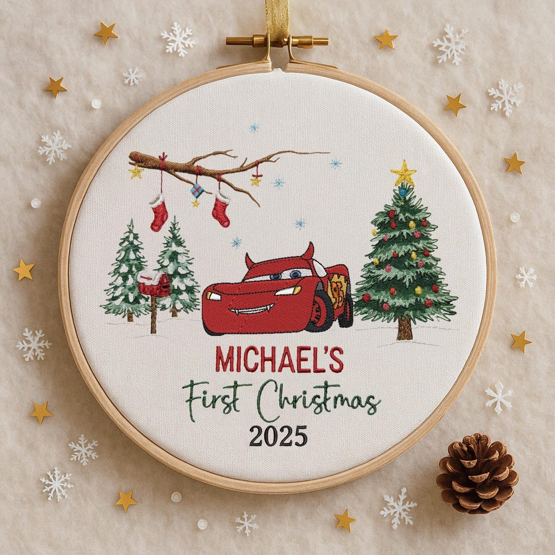 Custom Embroidered Mcqueen Ornament, Personalized Baby First Xmas Keepsake