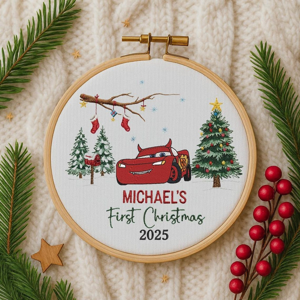 Custom Embroidered Mcqueen Ornament, Personalized Baby First Xmas Keepsake