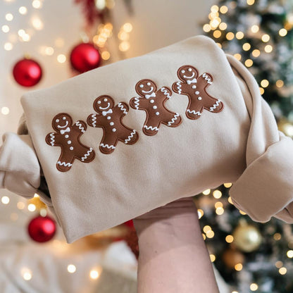 Embroidered Gingerbread Men Christmas Sweatshirt, Holiday Crewneck