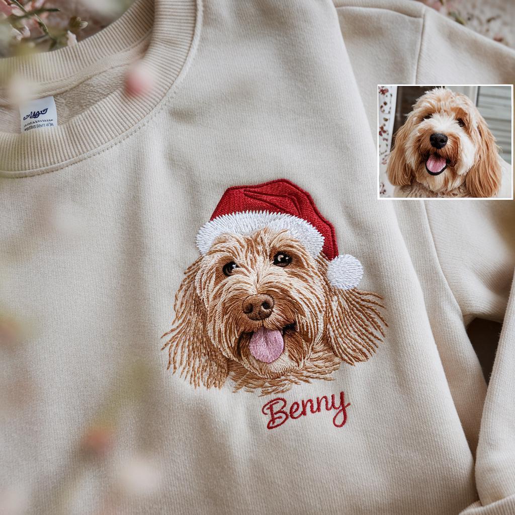 Custom Pet Portrait With Santa Hat Embroidered Sweatshirt