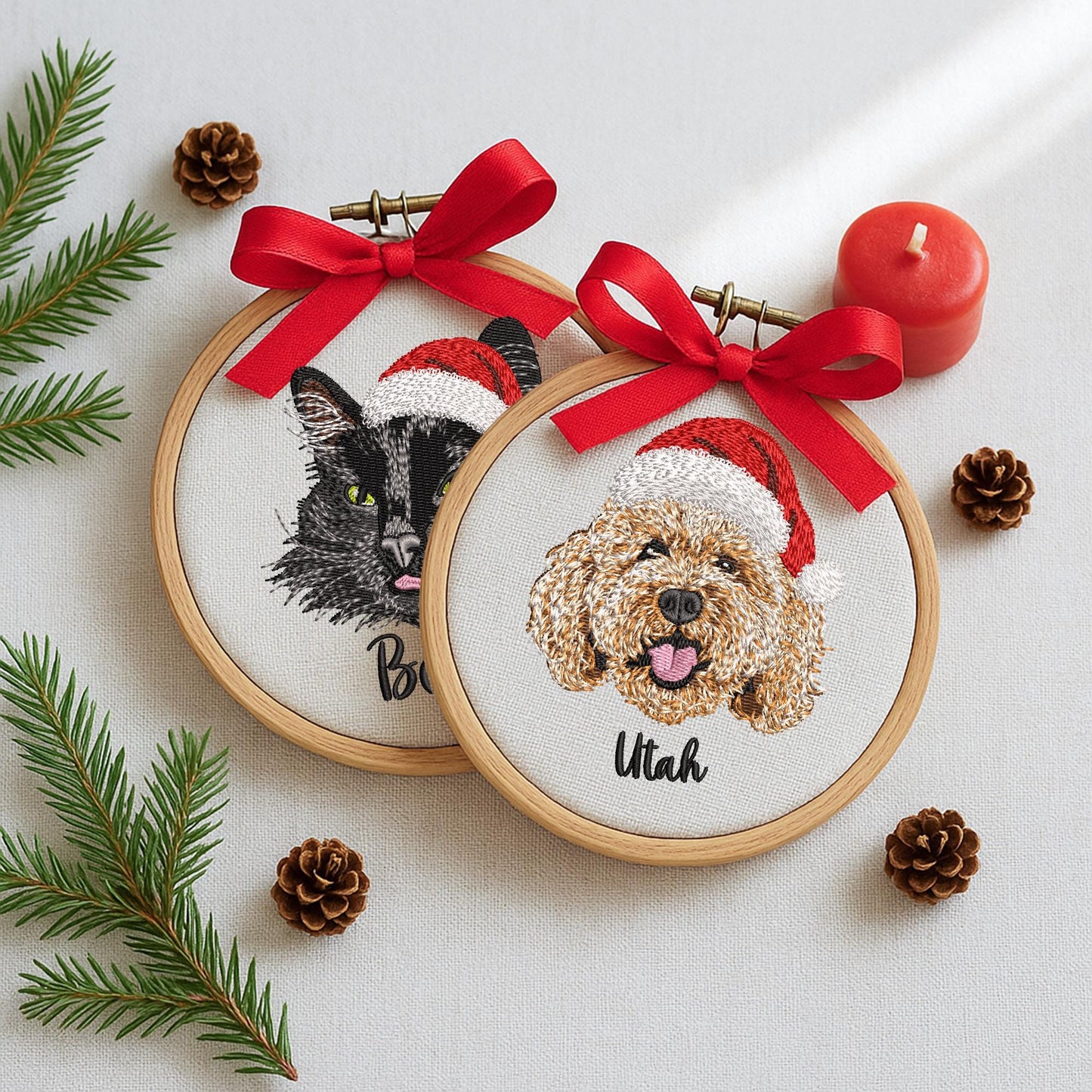 Custom Embroidered Pet Portrait Christmas Ornament