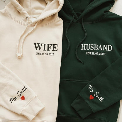 Valentine Mr and Mrs Hoodies, Personalized Husband and Wife Embroidered Set