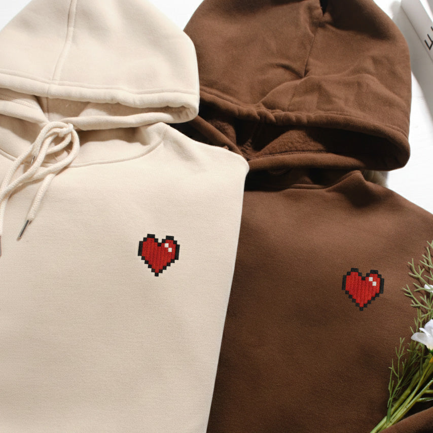 Pixel Heart Embroidered Hoodie, Matching Couple Hoodies for Valentine, Minimal Love Hoodie for Him & Her