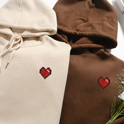 Pixel Heart Embroidered Hoodie, Matching Couple Hoodies for Valentine, Minimal Love Hoodie for Him & Her