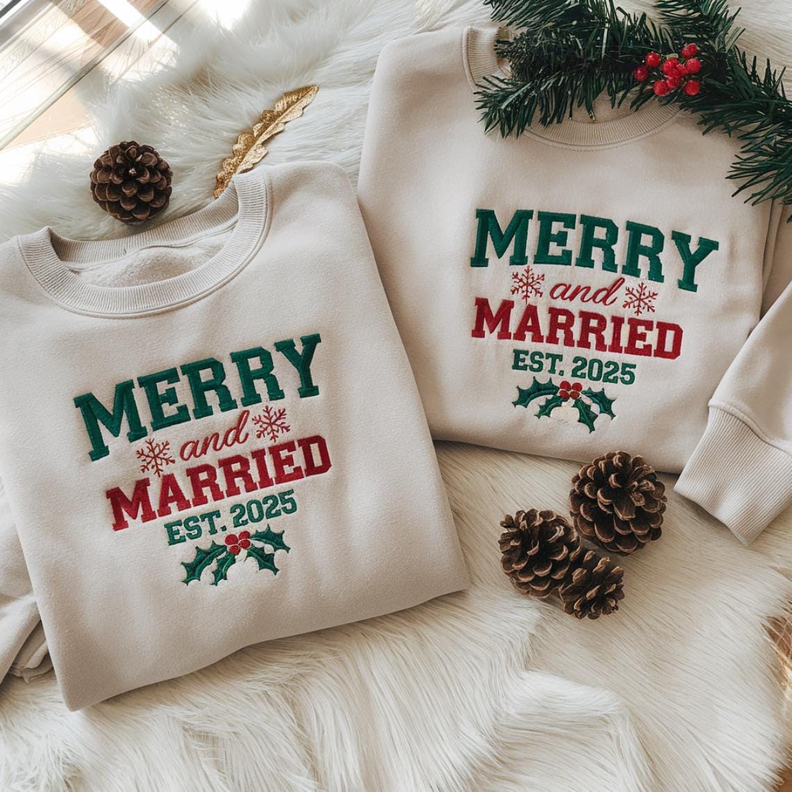 Merry and Married Embroidered Christmas Sweatshirts, Valentine's Day Gift