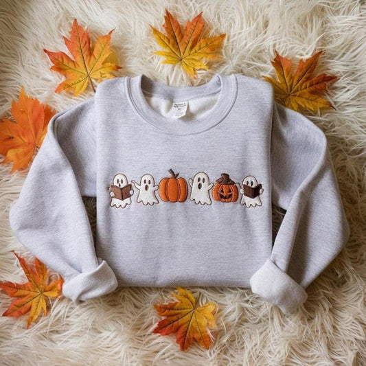 Embroidered Spooky Fall Sweatshirt, Vintage Halloween Pumpkin Spooky Season Sweater, Ghost And Pumpkin T-shirt, Halloween Gifts