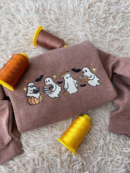 Ghost Fall Embroidered Sweatshirt, Cute Spooky Season Crewneck, Autumn Aesthetic Pullover, Halloween Ghost and Pumpkin Shirt for Her