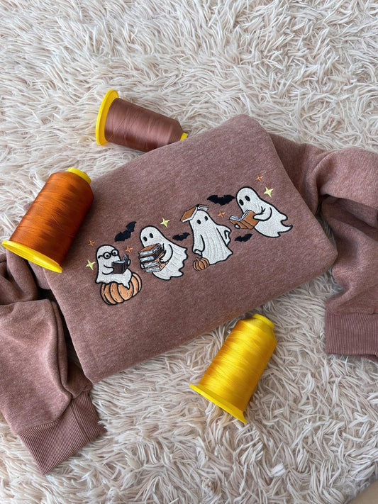 Ghost Fall Embroidered Sweatshirt, Cute Spooky Season Crewneck, Autumn Aesthetic Pullover, Halloween Ghost and Pumpkin Shirt for Her