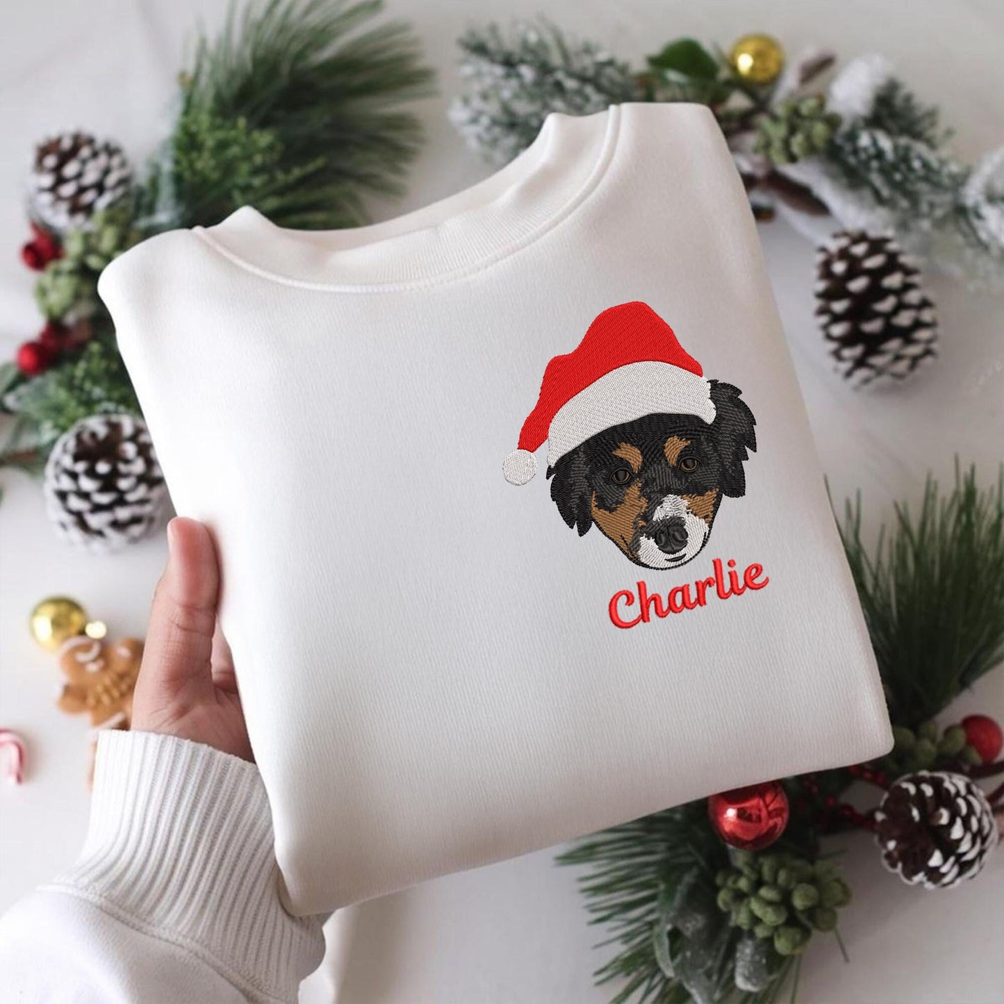 Custom Pet Portrait With Santa Hat Embroidered Sweatshirt