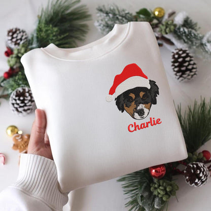Custom Pet Portrait With Santa Hat Embroidered Sweatshirt