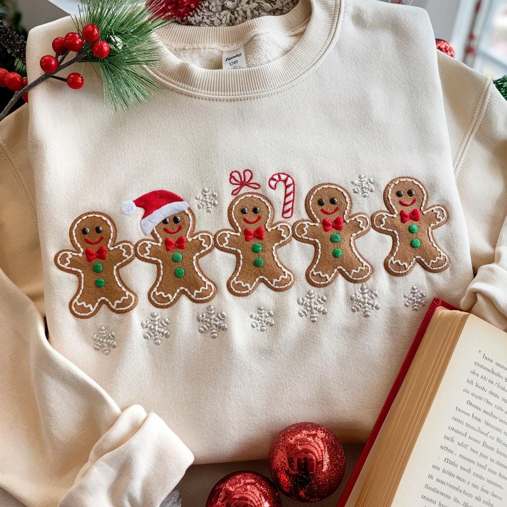 Embroidered Christmas Gingerbread Cookies Sweatshirt, Festive Holiday Outfit