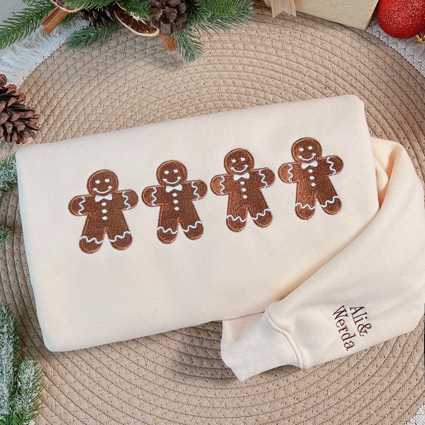 Embroidered Gingerbread Men Christmas Sweatshirt, Holiday Crewneck