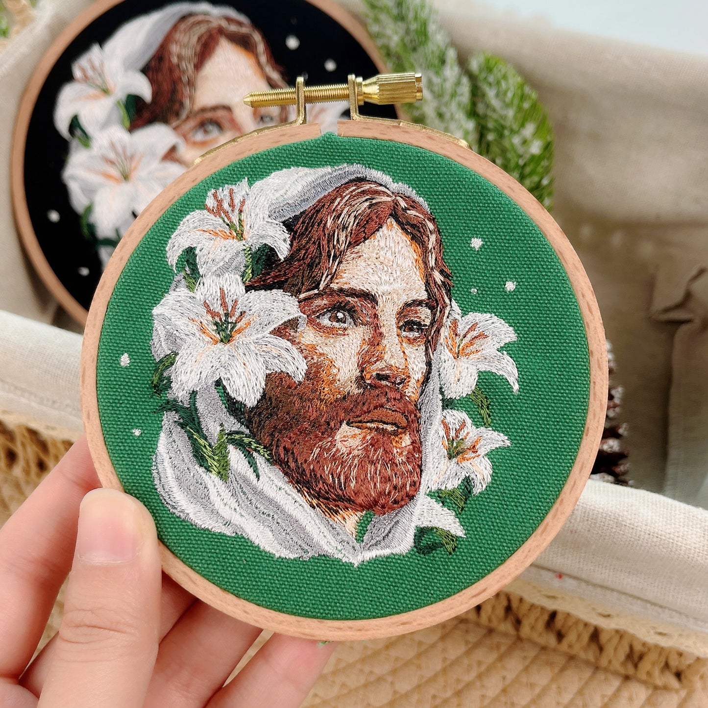 Jesus Embroidery Hoop Ornament, Embroidered Christmas Faith Decor