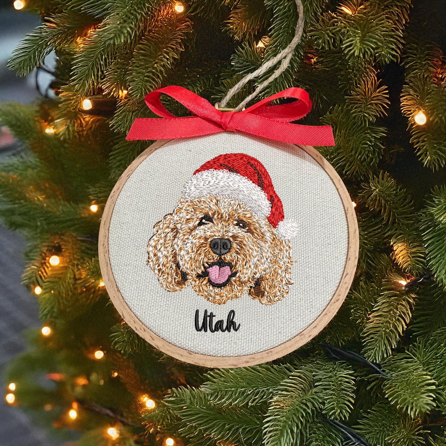 Custom Embroidered Pet Portrait Christmas Ornament