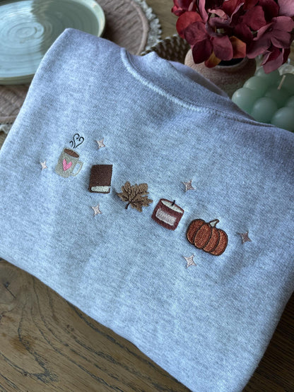 Book Lover Fall Embroidered Sweatshirt, Women's Fall Bookish Sweatshirt, Book Lover Gift, Cute Autumn Pumpkin Coffee Shirt, Cozy Fall Shirt