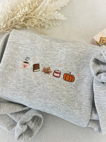 Book Lover Fall Embroidered Sweatshirt, Women's Fall Bookish Sweatshirt, Book Lover Gift, Cute Autumn Pumpkin Coffee Shirt, Cozy Fall Shirt