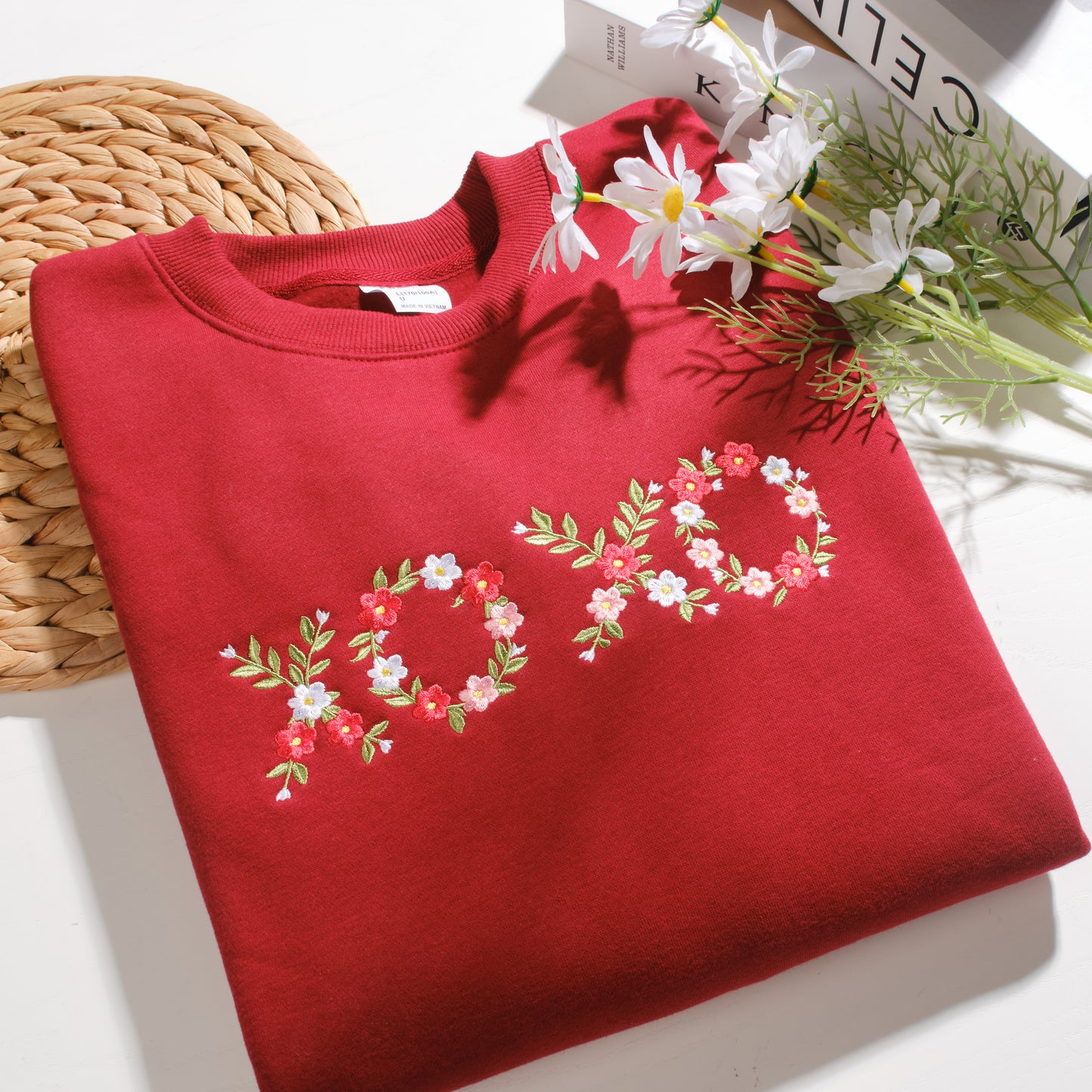 Embroidered XOXO Flower Sweatshirt, Valentine Floral Crewneck, Cute Cozy Gift for Girlfriend Wife