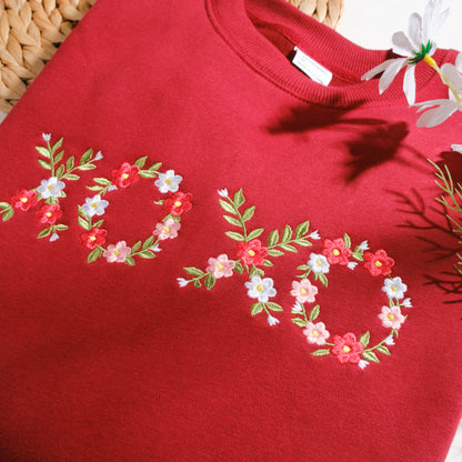 Embroidered XOXO Flower Sweatshirt, Valentine Floral Crewneck, Cute Cozy Gift for Girlfriend Wife