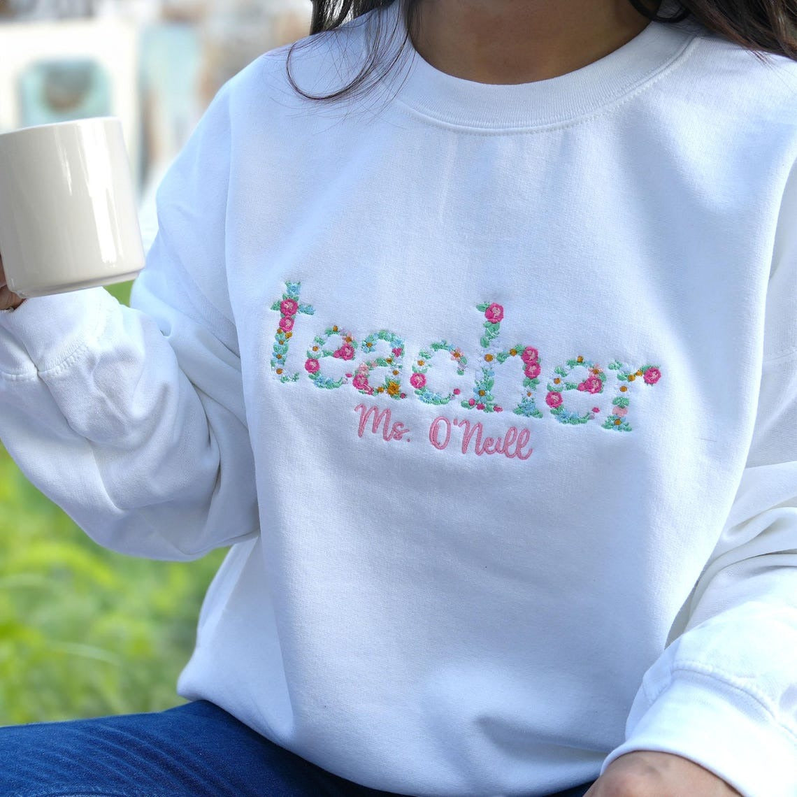 Custom Embroidered Floral Letter Sweatshirt, Custom Text Sweatshirt with Flowers, Personalized Christmas Gift, Custom Embroidered Crewneck