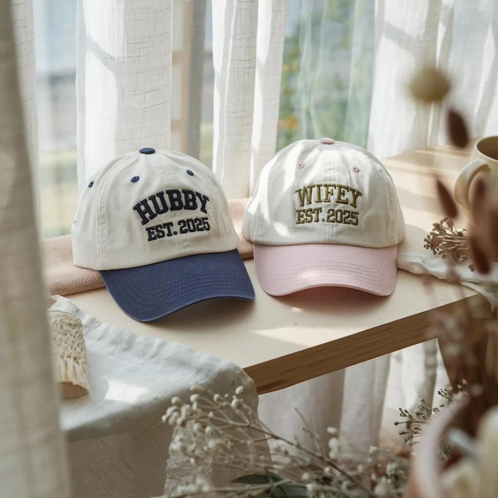 Custom Valentine Couple Caps, Embroidered Hubby and Wifey Hats