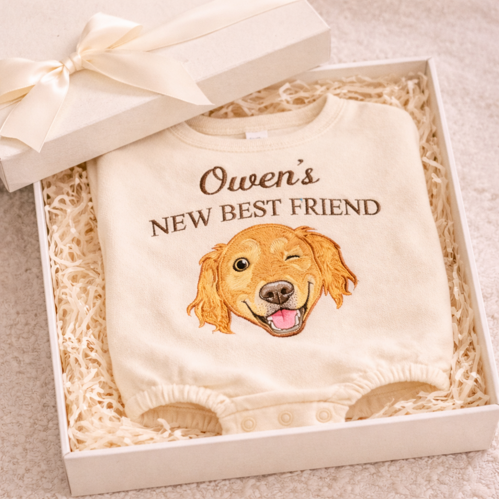 Personalized Embroidered Golden Retriever Baby Onesie – New Best Friend Gift for Dog Mom
