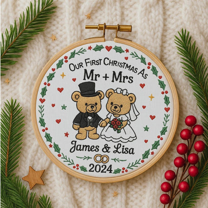 First Christmas as Mr & Mrs Handmade Ornament, Custom Embroidered Hoop with Names Year, Newlywed Christmas Gift 2025