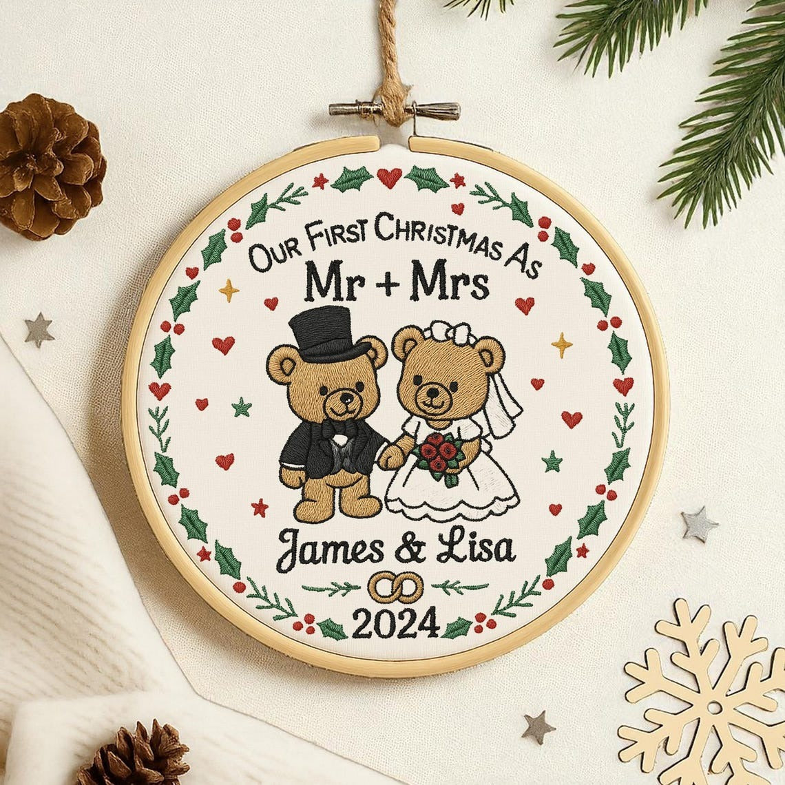 First Christmas as Mr & Mrs Handmade Ornament, Custom Embroidered Hoop with Names Year, Newlywed Christmas Gift 2025