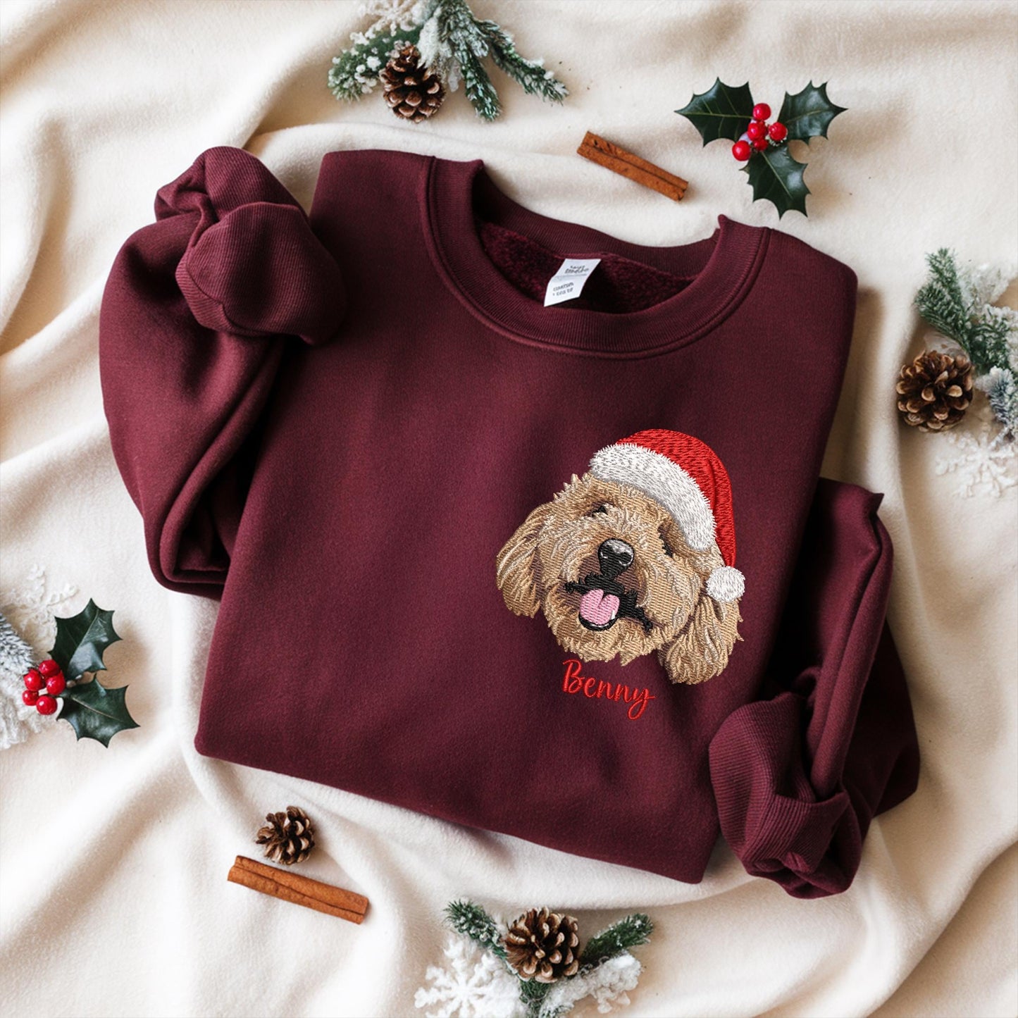 Custom Pet Portrait With Santa Hat Embroidered Sweatshirt