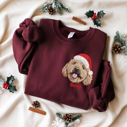 Custom Pet Portrait With Santa Hat Embroidered Sweatshirt