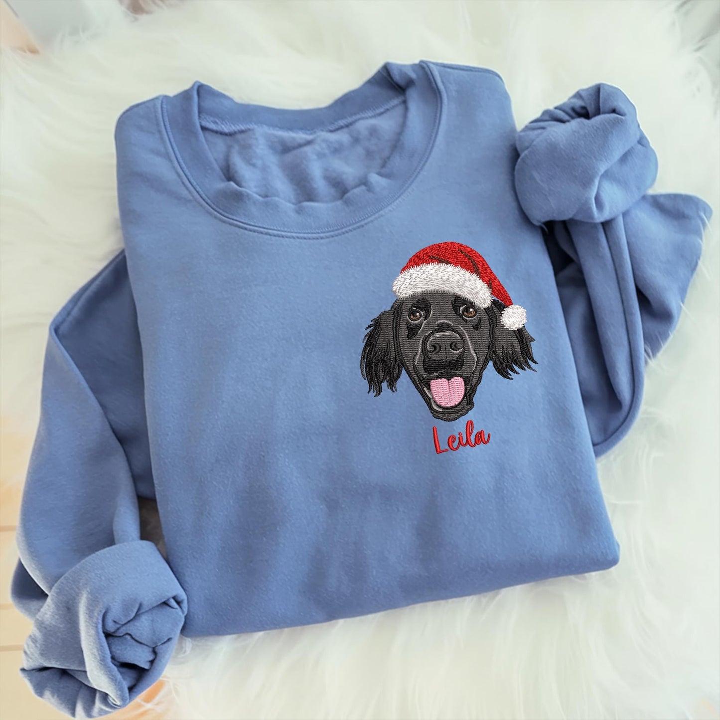 Custom Pet Portrait With Santa Hat Embroidered Sweatshirt