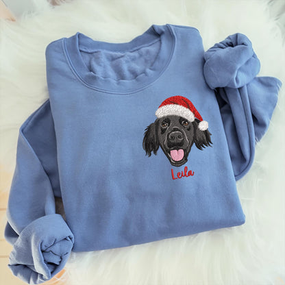 Custom Pet Portrait With Santa Hat Embroidered Sweatshirt